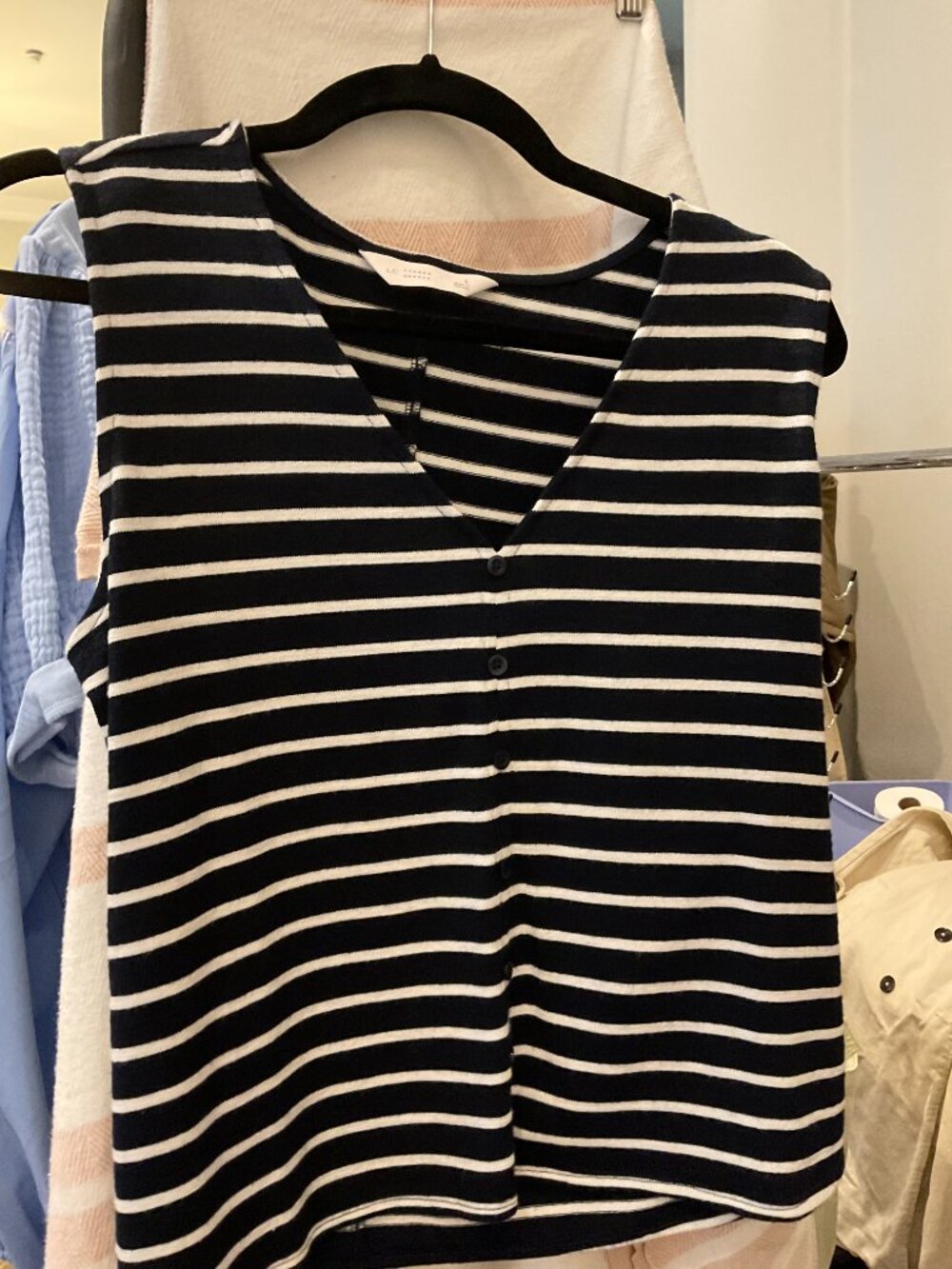 LC Lauren Conrad Black & White Stripe Sleeveless V-Neck Button Top | L